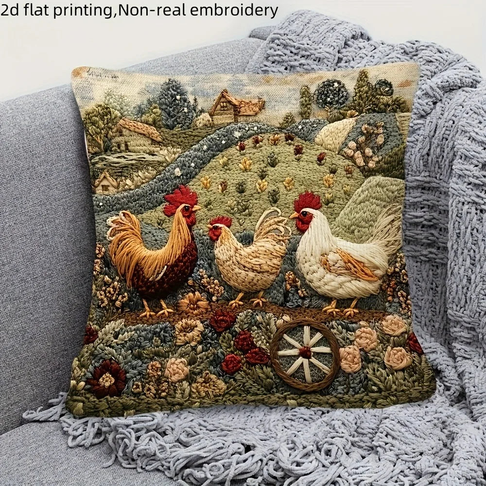 Farmyard Charm: 2D Flat-Printed Pillow with Stylish Chickens and Scenic Design Sofa cushion cover, home decoration, 2D printing