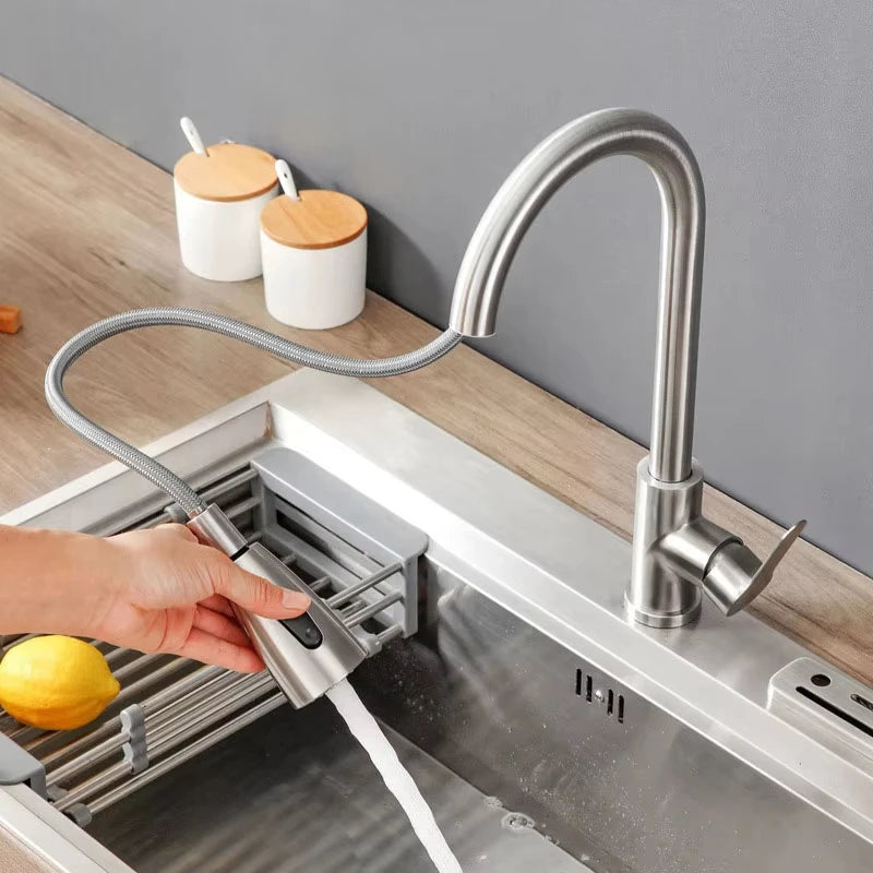 Stainless steel kitchen faucet, single-hole pull-out spout, kitchen sink mixing faucet, 360° rotating cleaning faucet