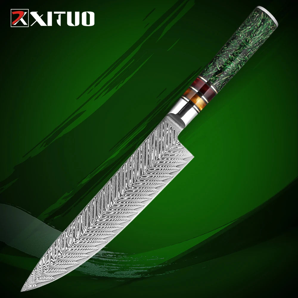 XITUO Luxury Damascus Kitchen Knife Set Japan Chef Santoku Knife Cleaver Paring Bread Knife Featured Resin Synthesis Handle