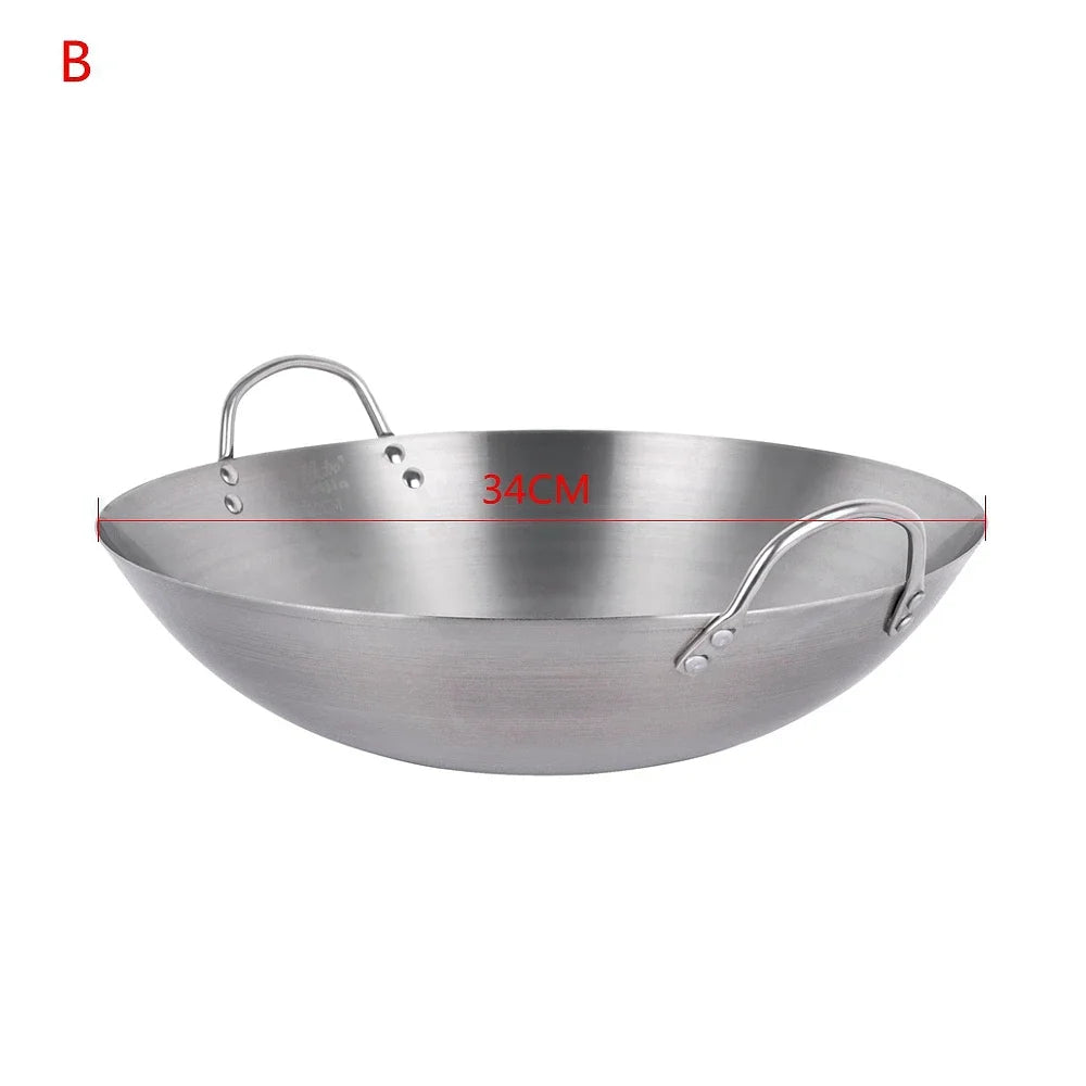 Stainless Steel Double Ear Chef Fry Wok Gas Cooker Traditional Handmade Pot Non Coating Woks