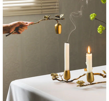Golden metal brass candle holder, ginkgo leaves, European style, ancient desktop crafts, home decoration candle holders