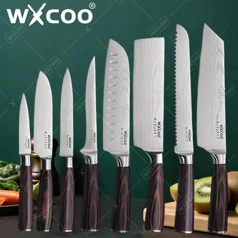 WXCOO Santoku Knife Set Japanese Butcher Carving Bread Fruit Meat Cleaver Boning High Carbon Steel Kitchen Knives