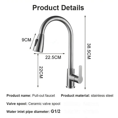 Stainless steel kitchen faucet, single-hole pull-out spout, kitchen sink mixing faucet, 360° rotating cleaning faucet