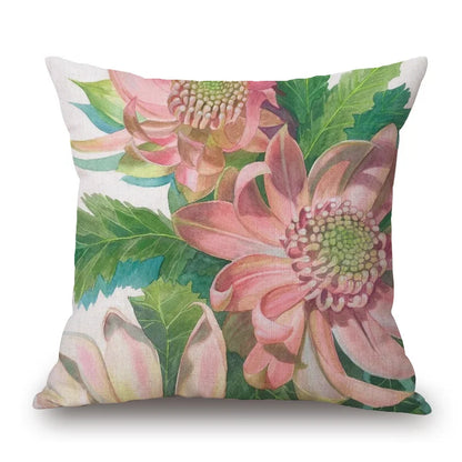 Australian Native Local Birds And Plants Cushion Cover Kookaburra Possum Gumleaves Gumnuts Floral Print Pillow Case