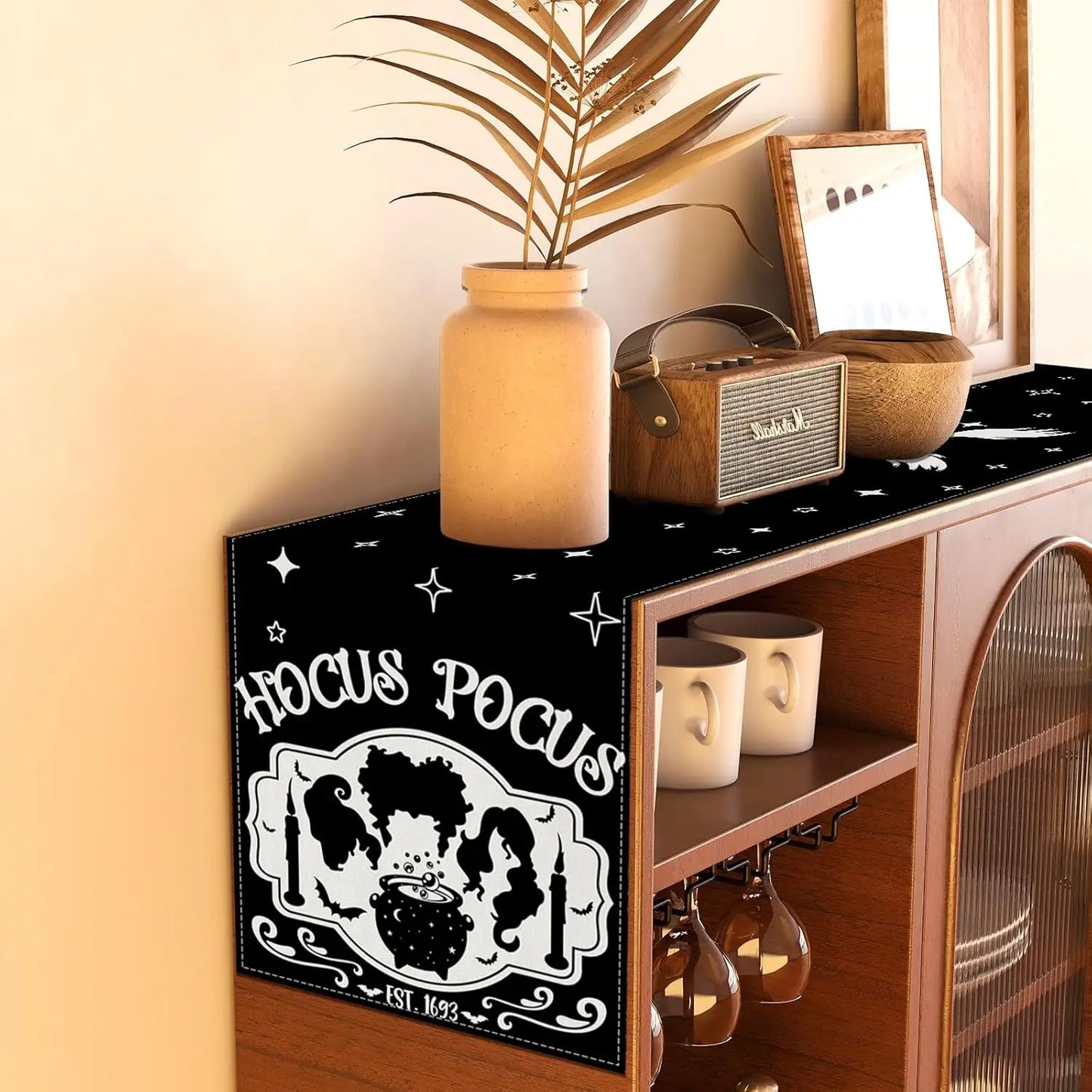 Halloween Hocus Pocus Black Linen Table Runner Sanderson Sisters Amuck Decor Kitchen Dining Table Deocor Halloween Decorations