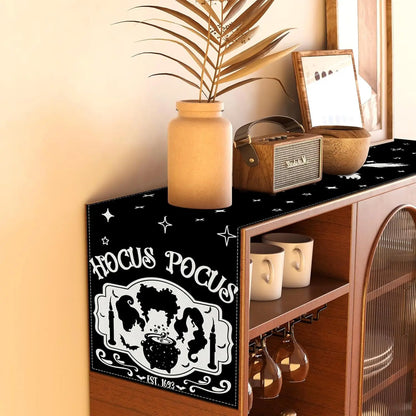 Halloween Hocus Pocus Black Linen Table Runner Sanderson Sisters Amuck Decor Kitchen Dining Table Deocor Halloween Decorations