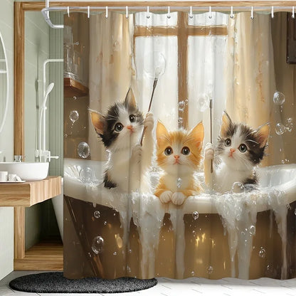 Cartoon kitten bubble bath Shower Curtain Washable Dirt-Resistant Shower Head waterproof Polyester Bath Curtain For Home Decor