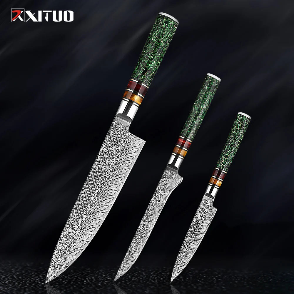 XITUO Luxury Damascus Kitchen Knife Set Japan Chef Santoku Knife Cleaver Paring Bread Knife Featured Resin Synthesis Handle