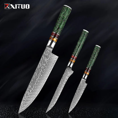 XITUO Luxury Damascus Kitchen Knife Set Japan Chef Santoku Knife Cleaver Paring Bread Knife Featured Resin Synthesis Handle