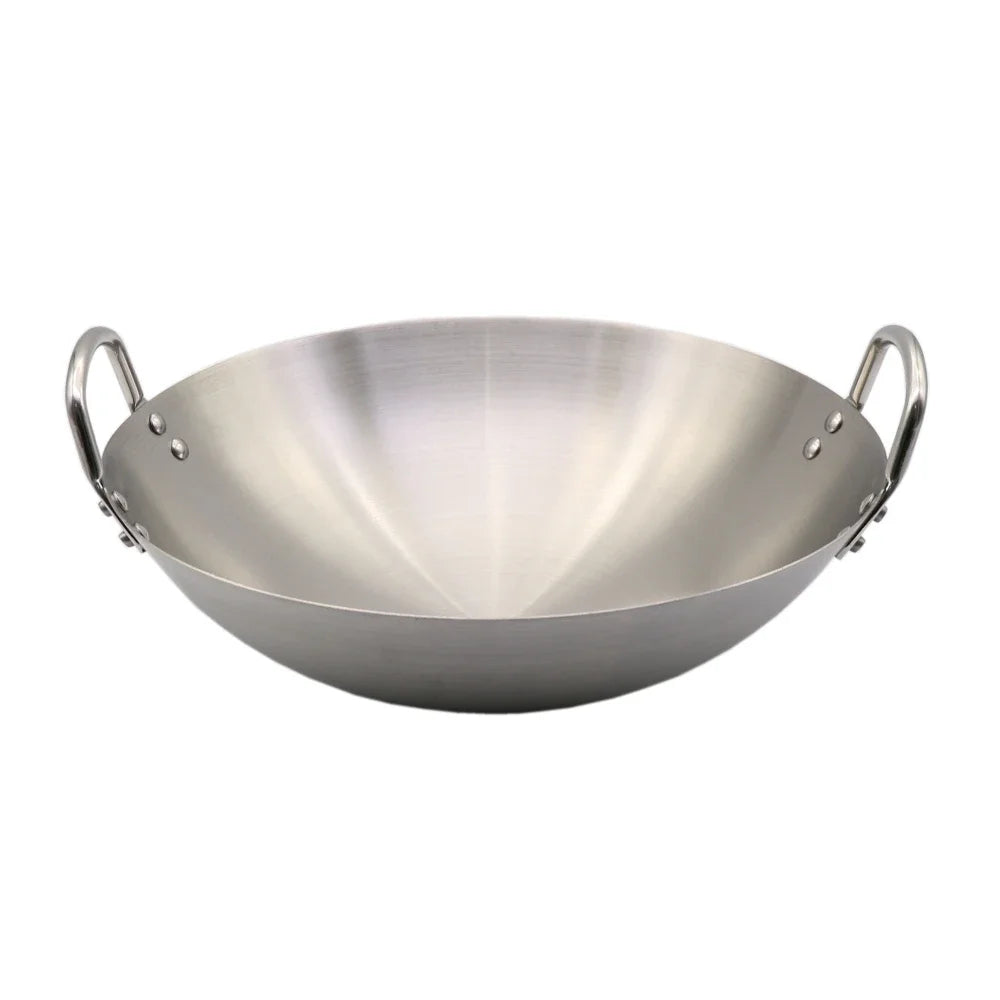 Stainless Steel Double Ear Chef Fry Wok Gas Cooker Traditional Handmade Pot Non Coating Woks