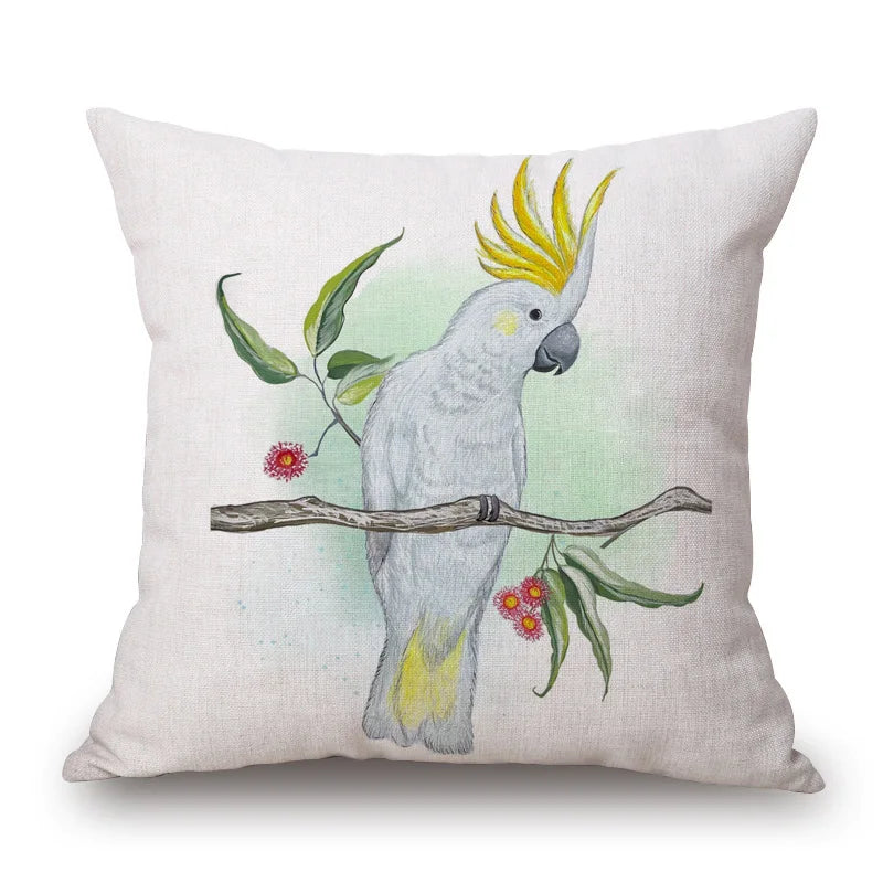 Australian Native Local Birds And Plants Cushion Cover Kookaburra Possum Gumleaves Gumnuts Floral Print Pillow Case